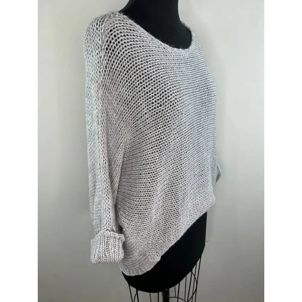 BERRETTI Gray Chunky Knit Relaxed Wool Cuffed Pullover Sweater One Size ITALY